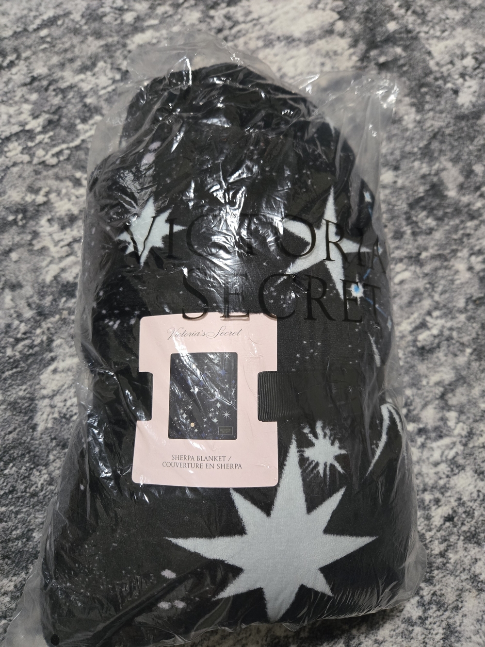 Victoria's Secret Black Sherpa Blanket with White Star Print